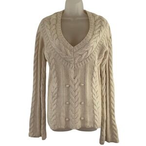 Old Navy Sweater Womens Medium Ivory Cable Knit V Neck Fisherman Bobble Knit Y2K